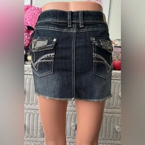 Almost Famous Y2K Mini Skirt Low Rise Denim Cotton Studs Fringe Blue Jrs Size 11